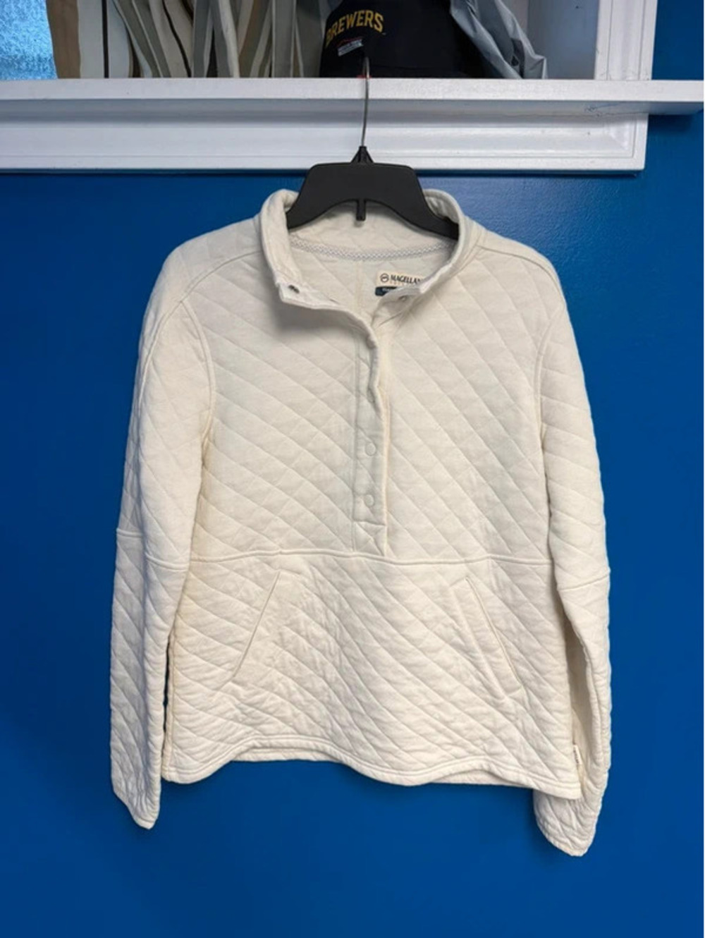 Magellan Outdoors Womens Quilted Snap Neck Pullover Sweater Off White Cream M